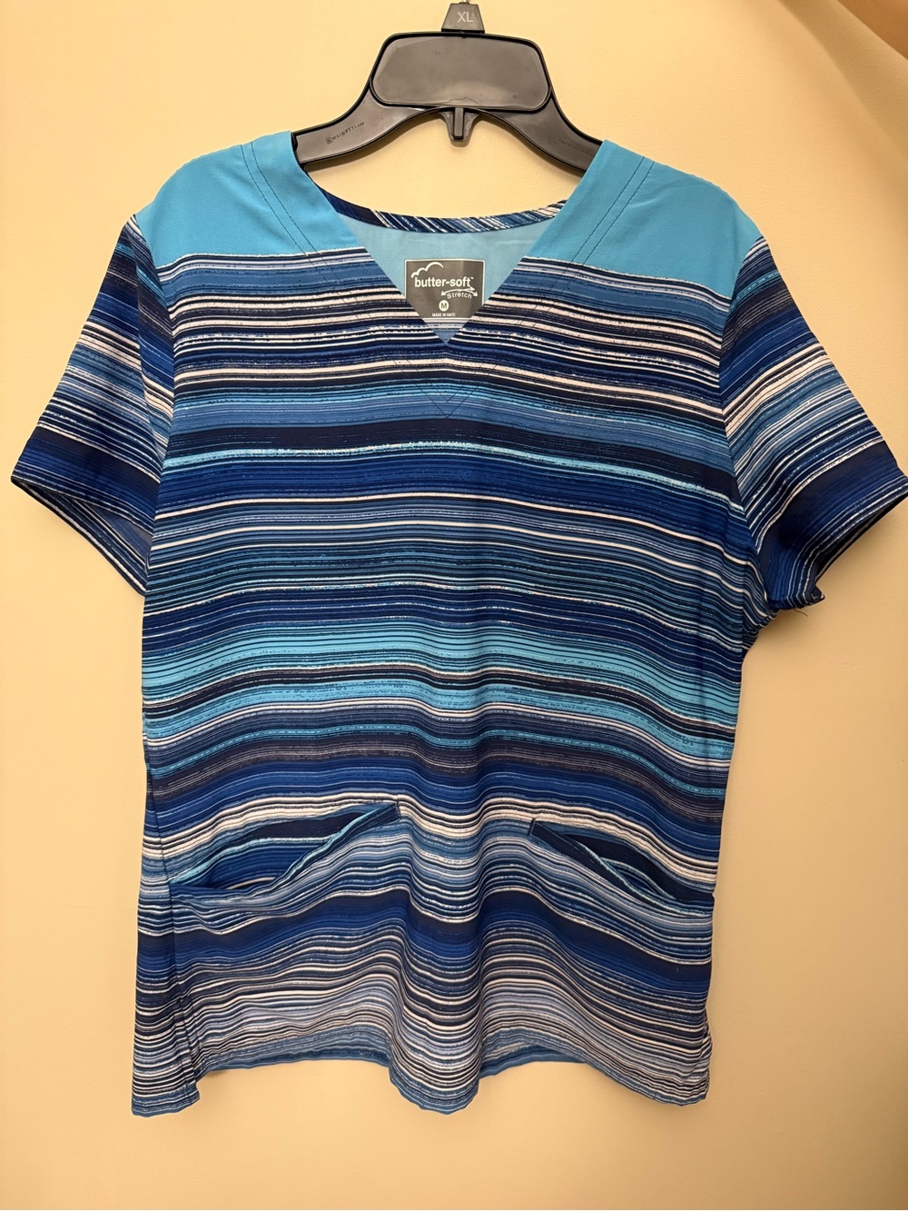 Butter-Soft Blue Striped V-Neck Scrub Top